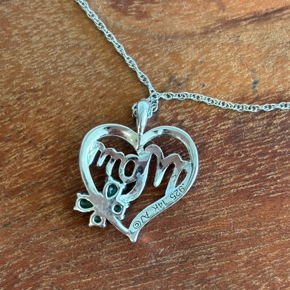 Mom Heart Pendant Necklace Diamond Emerald Accent 14K Yellow 925 Silver - Picture 5 of 9